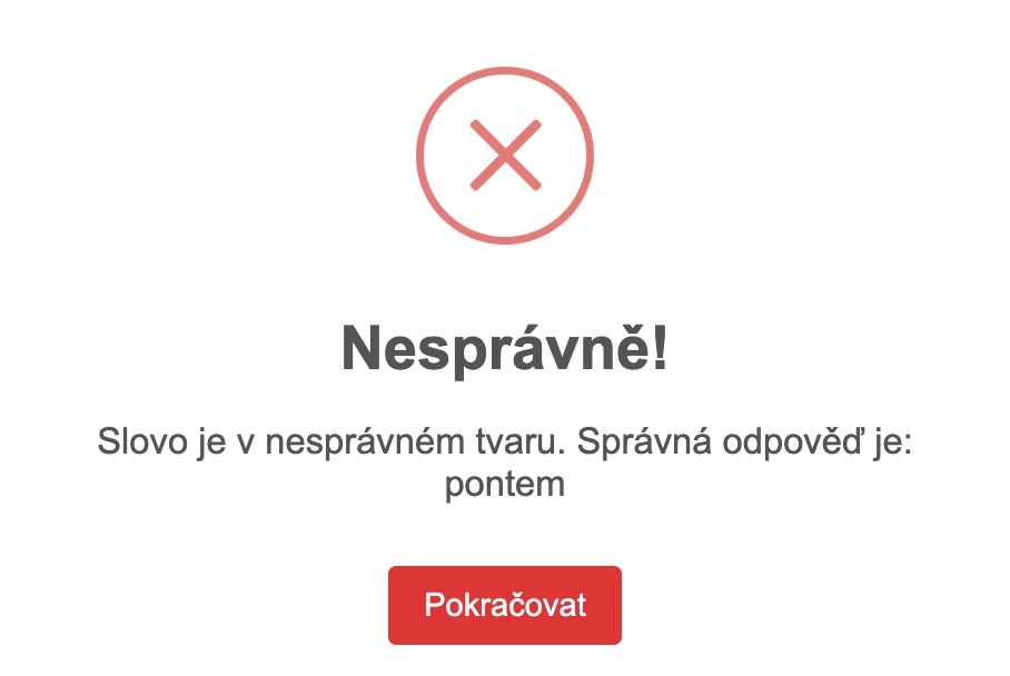 Okamžitá zpětná vazba na nesprávnou odpověď v kvizu deklinací