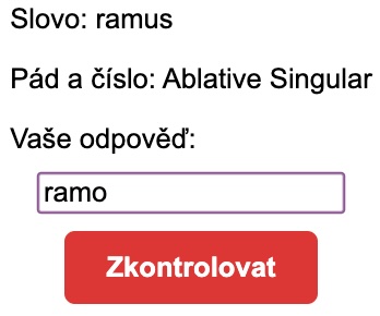 Příklad náhodně zvoleného slova v kvizu deklinací