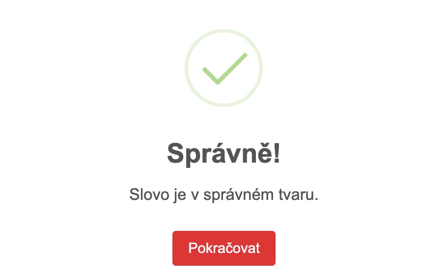 Okamžitá zpětná vazba na správnou odpověď v kvizu deklinací
